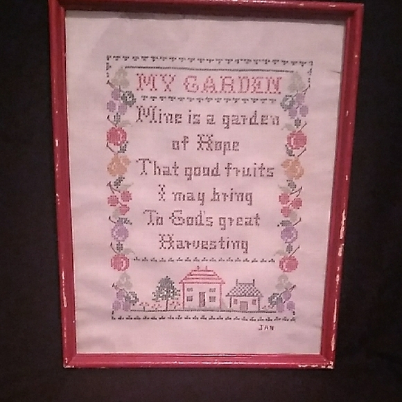 Other - Vintage 1973 Framed "My Garden" Cross-Stitch Art with Red Frame